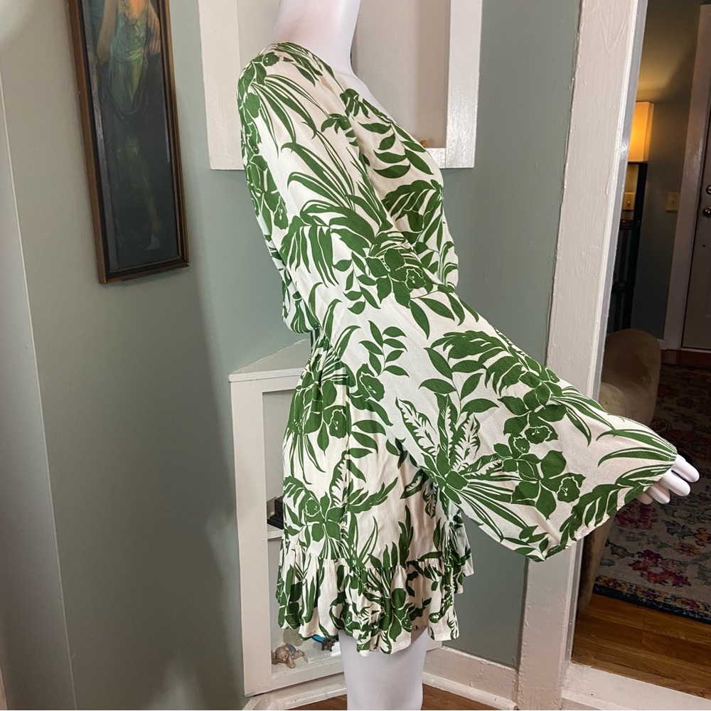 L*Space Geneva Bell Sleeve Tropical Green Leaf Print Mini Dress Hawaiian Small S - Picture 7 of 15